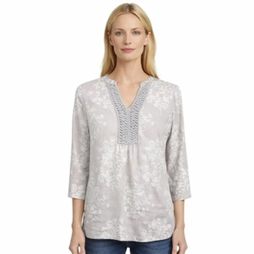 Boden Crochet Trim Tunic Blouse 100% Linen V-Neck Boho Coastal Cottage Size 10P